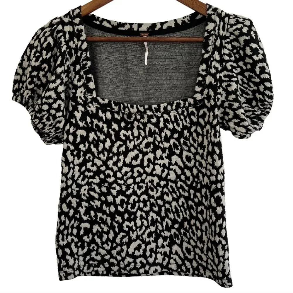 Free People No Type Leopard Print Square Neck Puff Sleeve Top Women's Small